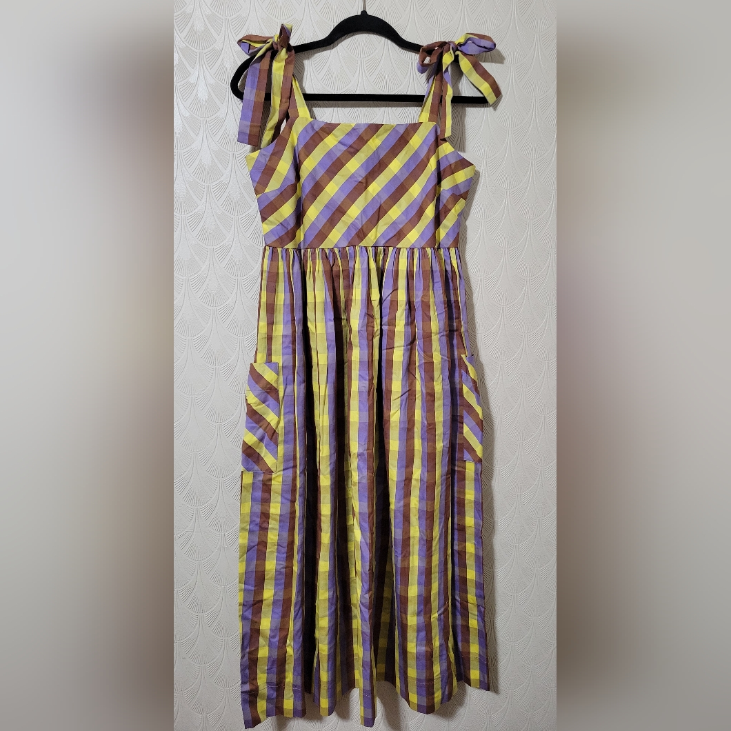 Tory Burch Tie-Shoulder Plaid Midi Dress Purple Yellow Gold Brown Size Medium